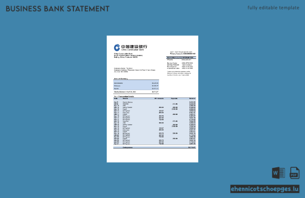 Beispiel eines Kontoauszugs (Word und PDF) der China Construction Bank